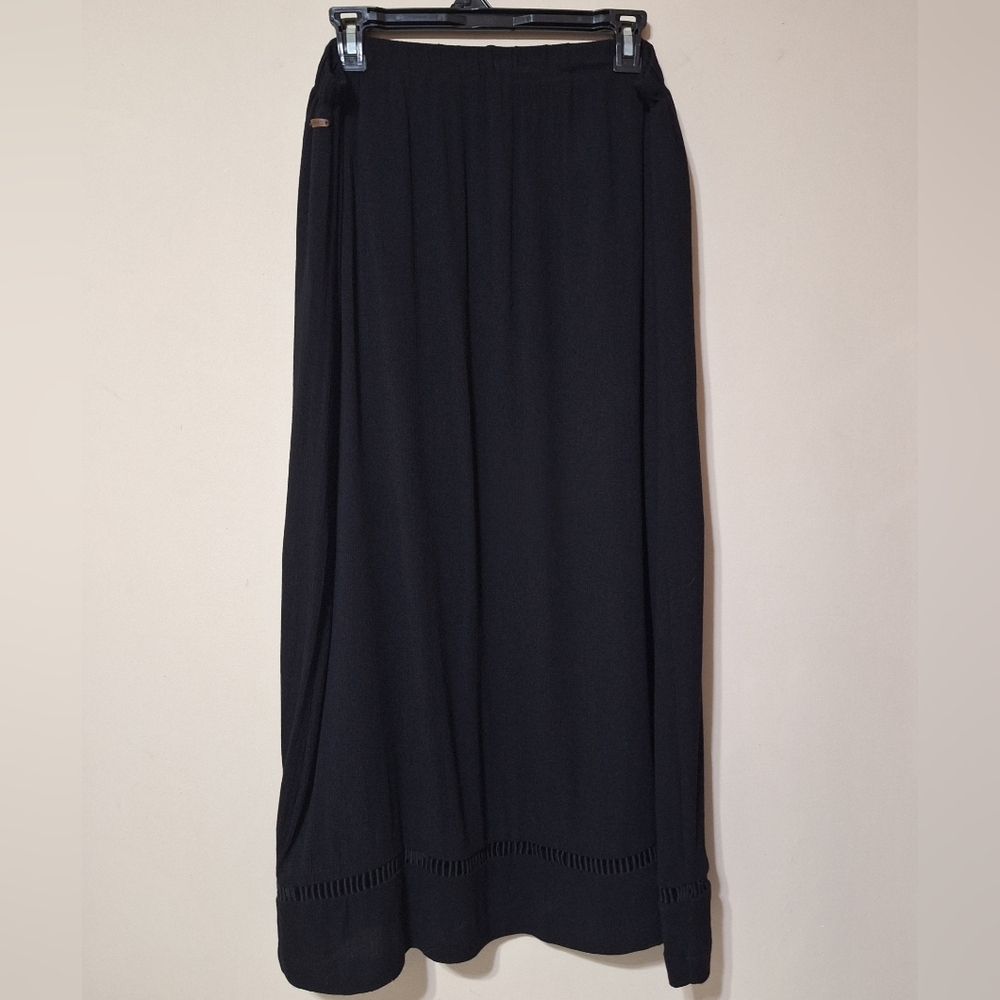 Roots Canada Black Rayon Maxi Skirt L Quiet Luxury Boho Festival Long Eyelet Hem - Picture 2 of 12